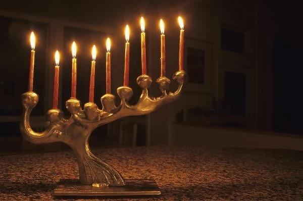 USA, Washington, Bellevue. Menorah with all candles lit for Chanukah