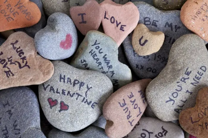 Framed Print : USA, Washington. Close-up of Heart Rock collection with Valentine sayings. Credit as