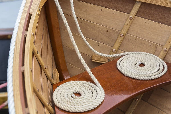 USA, Washington. Coiled line in wooden boat at the Bainbridge Island Wooden Boat Festival