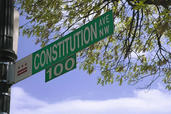 USA, Washington, D. C. Close-up of historic Constitution Ave. street sign. Credit as