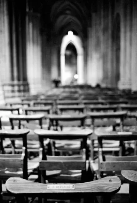 Framed Print : USA, Washington DC. Church pews of National Cathedral