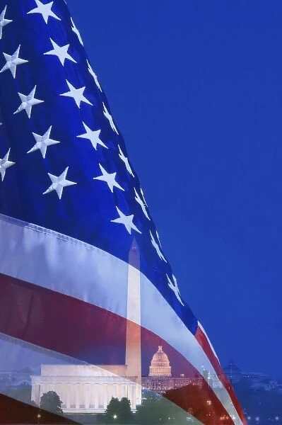USA, Washington, DC. Digital composite of American flag superimposed over Lincoln Memorial