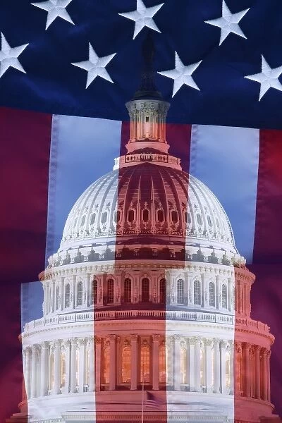 USA, Washington, DC. Digital composite of American flag superimposed over US Capitol building