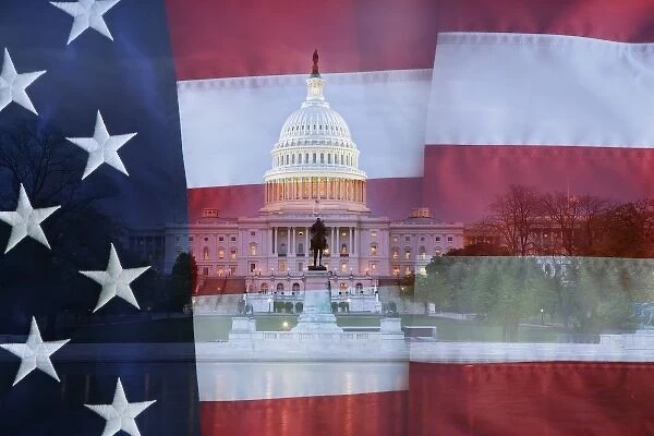 USA, Washington, DC. Digital composite of American flag superimposed over US Capitol buildings