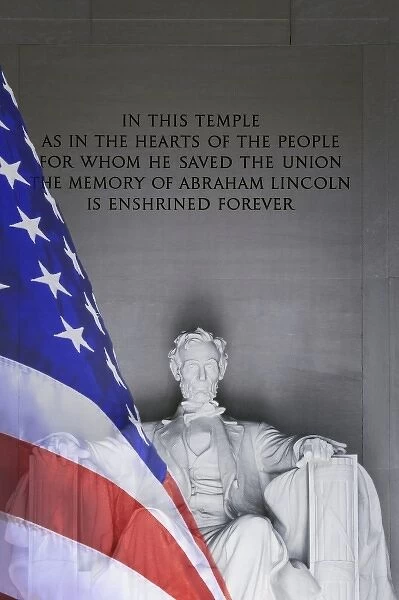 USA, Washington, DC. Digital composite of the Lincoln Memorial and the American flag