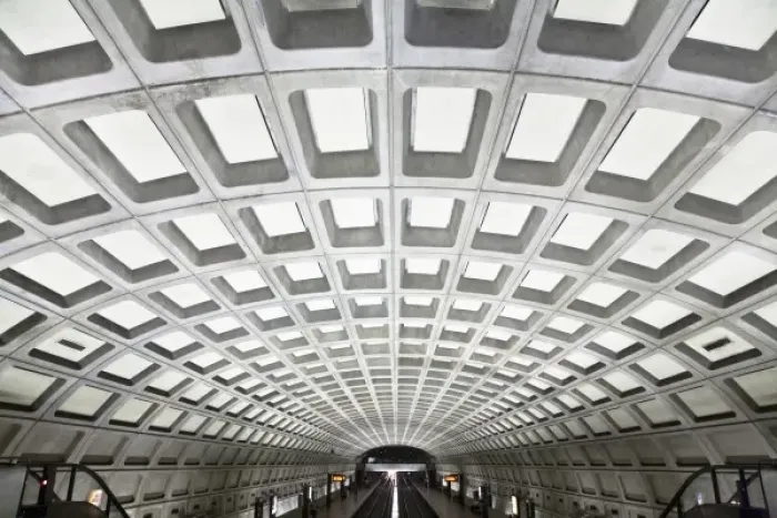 Framed Print : USA, Washington DC, A platform in a subway station with a modern contoured patterned walls Framed Print : USA, Washington DC, A platform in a subway station with a modern contoured patterned walls