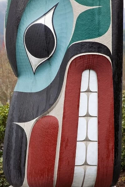 USA, Washington, Discovery Bay. Totem detail from Natural Elements, designed by Dave Faulstich