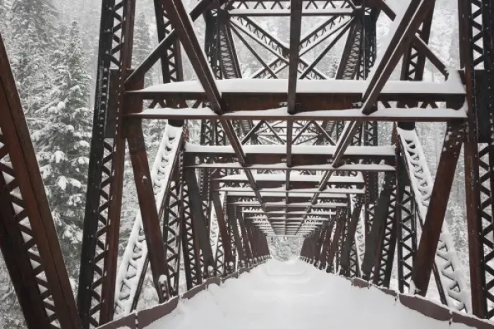 Framed Print : USA, Washington, Leavenworth. Snow-covered Pipeline Bridge superstructure Framed Print : USA, Washington, Leavenworth. Snow-covered Pipeline Bridge superstructure