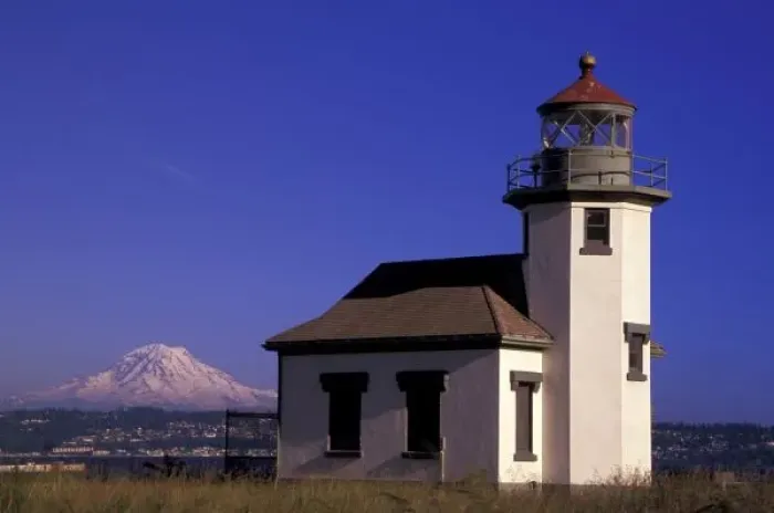 Framed Print : USA, Washington, Maury Island. Point Robinson Lighthouse, Mt. Rainier behind, Est 1885, b Framed Print : USA, Washington, Maury Island. Point Robinson Lighthouse, Mt. Rainier behind, Est 1885, b
