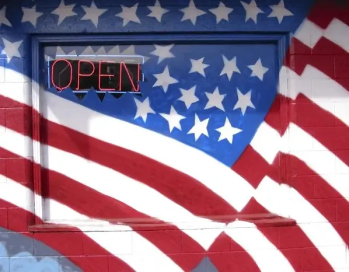 Framed Print : USA, Washington, Moses Lake. Flag wall mural on a business. Credit as: Nancy & Steve