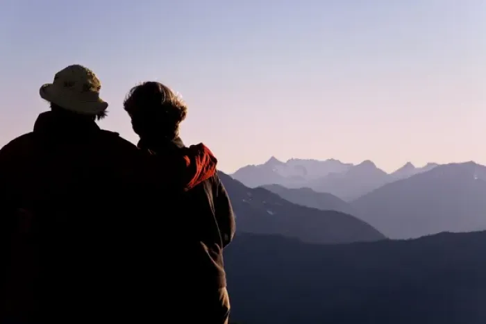 Framed Print : USA, Washington, Mount Baker. Two women view mountain scenery in Snoqualmie National Forest