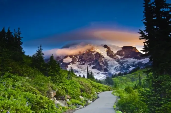 Framed Print : USA, Washington, Mt. Rainier. Morning sun blankets Mt. Rainier along the Skyline Trail