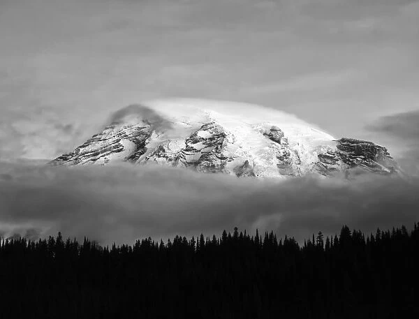 USA, Washington, Mt. Rainier National Park. Black and white of clouds on Mt Rainier