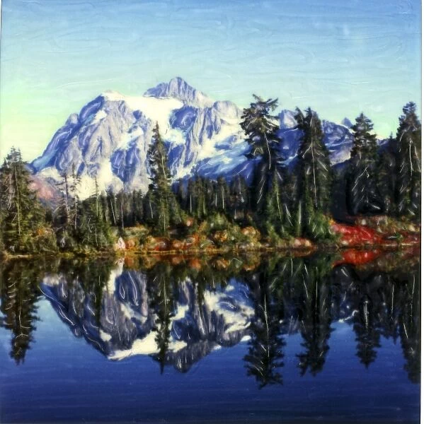 USA, Washington, Mt. Shuksan. Mt. Shuksan reflected in Reflection Lake in fall. Polaroid