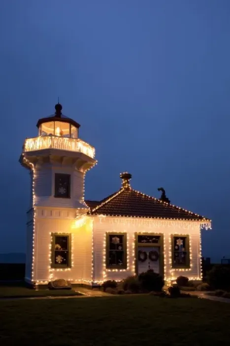 Framed Print : USA, Washington, Mukilteo. Mukilteo Lighthouse with holiday lights. Constructed in 1906