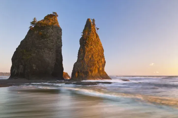 Framed Print : USA, Washington, Olympic National Park. Sunset on Rialto Beach and sea stacks. Credit as Framed Print : USA, Washington, Olympic National Park. Sunset on Rialto Beach and sea stacks. Credit as