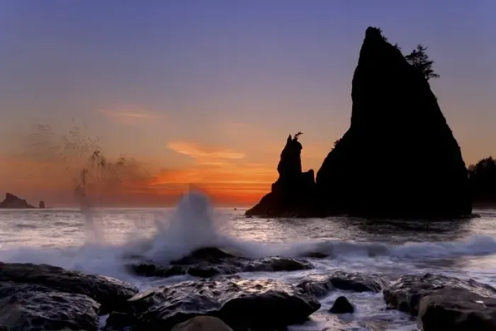 Framed Print : USA, Washington, Olympic National Park. Sunset silhouettes and splashing waves on Rialto Beach Framed Print : USA, Washington, Olympic National Park. Sunset silhouettes and splashing waves on Rialto Beach