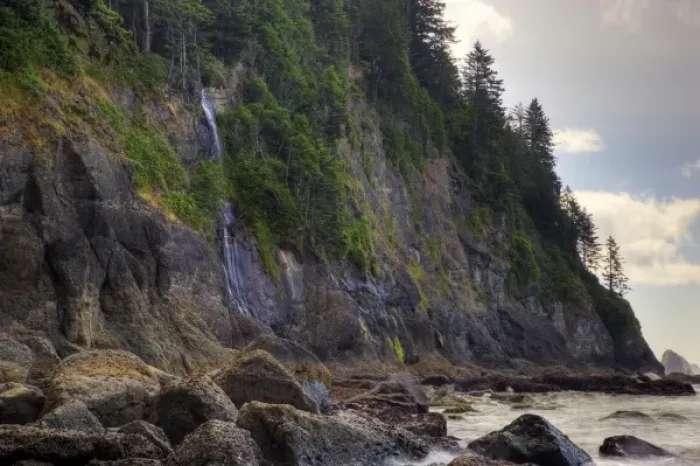 Framed Print : USA, Washington, Olympic National Park, Third Beach, Waterfall over beach cliff Framed Print : USA, Washington, Olympic National Park, Third Beach, Waterfall over beach cliff