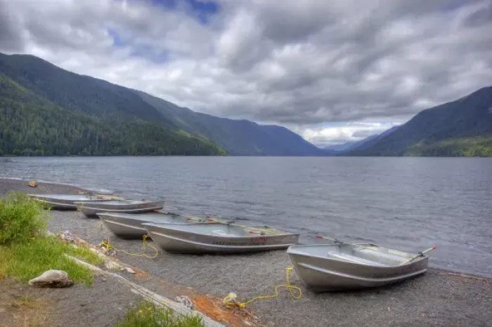 Framed Print : USA, Washington, Olympic National Park, Lake Crescent, boats at the shore Framed Print : USA, Washington, Olympic National Park, Lake Crescent, boats at the shore