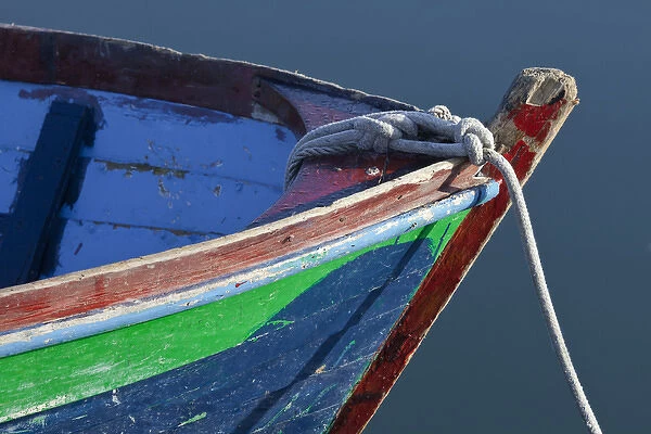 USA, Washington, Orcas Island. Bow detail of wooden boat in Deer Harbor. Credit as