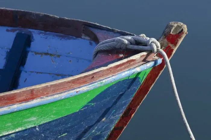 Framed Print : USA, Washington, Orcas Island. Bow detail of wooden boat in Deer Harbor. Credit as