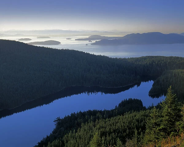 USA, Washington, Orcas Island, Moran State Park, Twin Lakes and Rosario Strait from Mt