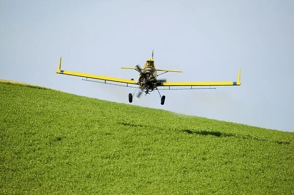 USA, Washington, Palouse Country, Crop Duster working pring Wheat Fields