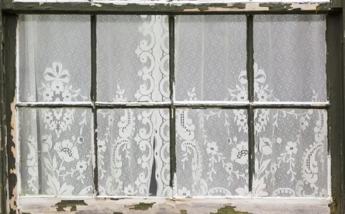 Framed Print : USA, Washington, Port Townsend. Lace curtains in window Framed Print : USA, Washington, Port Townsend. Lace curtains in window