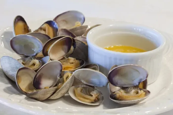 Framed Print : USA, Washington, Puget Sound. Steamed Manila clams and butter sauce. Credit as: Don Framed Print : USA, Washington, Puget Sound. Steamed Manila clams and butter sauce. Credit as: Don