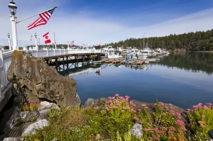 Framed Print : USA, Washington, San Juan Island. View of pier and marina