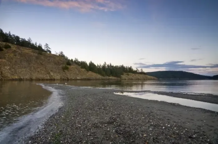 Framed Print : USA, Washington, San Juan Islands. Sunset on the quiet shores of Spencer Spit State