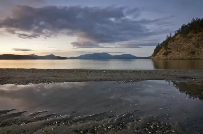 Framed Print : USA, Washington, San Juan Islands. Sunset on the quiet shores of Spencer Spit State