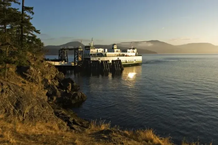 Framed Print : USA, Washington, San Juan Islands. A ferry docked at Lopez Island on a summer morning