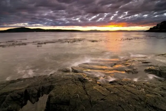 Framed Print : USA, Washington, San Juan Islands. A brilliant sunset at Shark Reef Park on Lopez Island