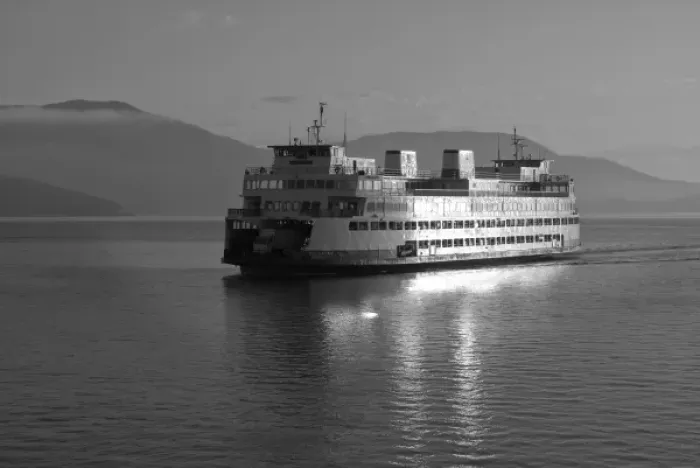 Framed Print : USA, Washington, San Juan Islands. A ferry glides across the water in front of Orcas