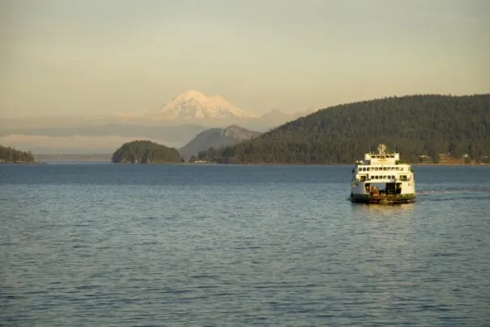 Framed Print : USA, Washington, San Juan Islands. A ferry and Mt. Baker
