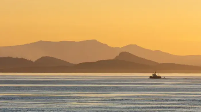 Framed Print : USA, Washington, San Juan Islands. Tugboat at sunset