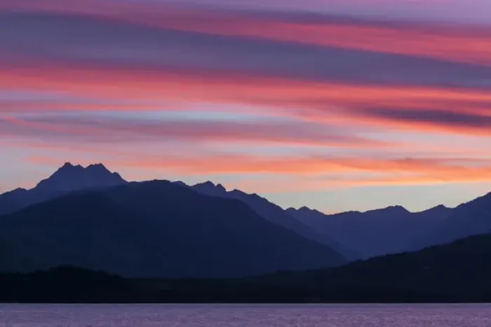 Framed Print : USA, Washington, Seabeck. Sunset over the Olympic Mountains and Hood Canal. Credit as