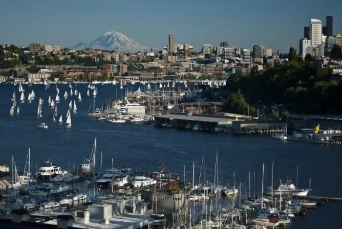 Framed Print : USA, Washington, Seattle. Cityscape with Lake Union, sailboats and Mt. Rainier Framed Print : USA, Washington, Seattle. Cityscape with Lake Union, sailboats and Mt. Rainier