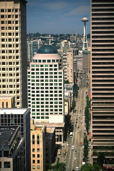 USA, Washington, Seattle. Cityscape view N along 2nd Avenue to Space Needle