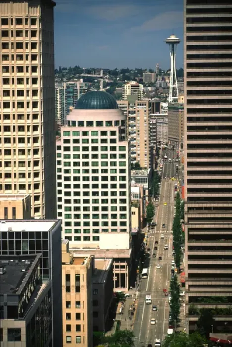 Framed Print : USA, Washington, Seattle. Cityscape view N along 2nd Avenue to Space Needle Framed Print : USA, Washington, Seattle. Cityscape view N along 2nd Avenue to Space Needle