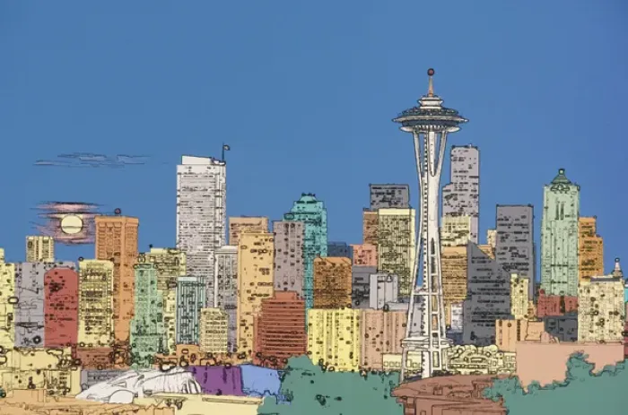 Framed Print : USA, Washington, Seattle Digital enhancement of Seattle skyline with full moon rising