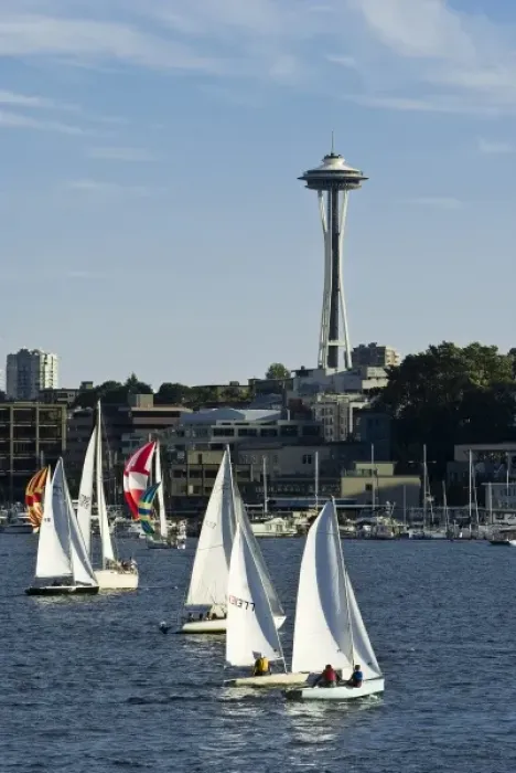 Framed Print : USA, Washington, Seattle. Duck Dodge sailboat race on Lake Union below the Space Needle Framed Print : USA, Washington, Seattle. Duck Dodge sailboat race on Lake Union below the Space Needle