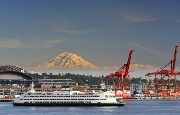 Framed Print : USA, WAshington, Seattle. A ferry leaves Seattle for the outer islands with Mt Framed Print : USA, WAshington, Seattle. A ferry leaves Seattle for the outer islands with Mt