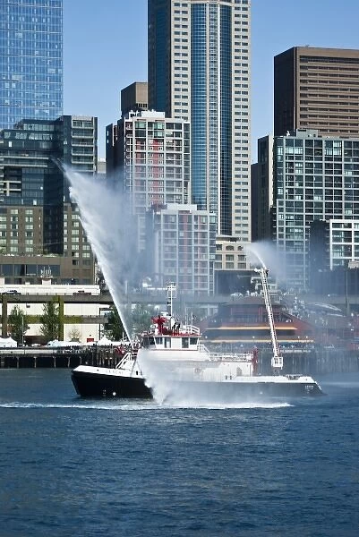 USA, Washington, Seattle. Fireboat Leschi demonstrates firefighting capability