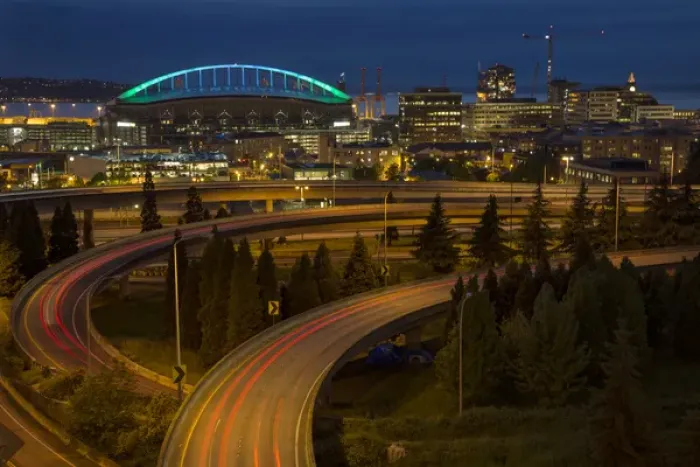 Framed Print : USA, Washington. Seattle freeways at dusk. Credit as: Don Grall  /  Jaynes Gallery  /  DanitaDelimont