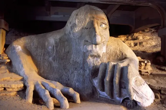 Framed Print : USA, Washington, Seattle. Fremont Troll is 18ft ferroconcrete sculpture Aurora Bridge