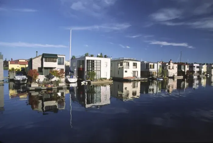 Framed Print : USA, Washington, Seattle. Modern houseboats line pier on Lake Union