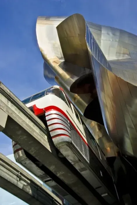 Framed Print : USA, Washington, Seattle. Monorail emerges from Experience Music Project building Framed Print : USA, Washington, Seattle. Monorail emerges from Experience Music Project building