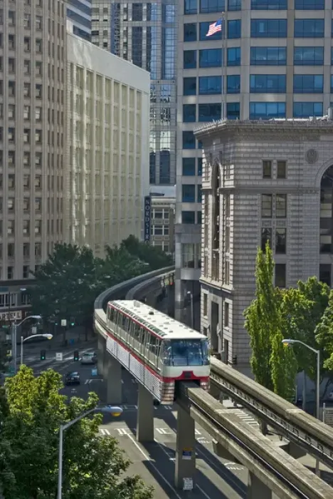 Framed Print : USA, Washington, Seattle. Monorail travels between the Seattle Center and downtown